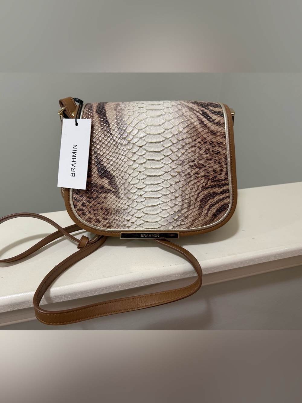 NWT Brahmin Nadine Tan & Cream Python-Embossed Crossbody
